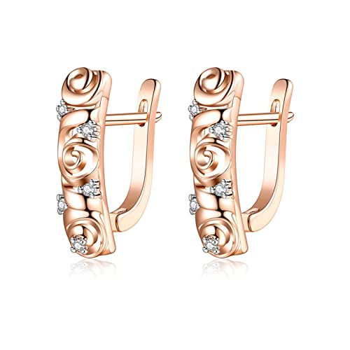 ZQHWYZ 18K Gold Earrings for Women, Flower with Round Diamond Hoop Earrings for Women Rose Gold