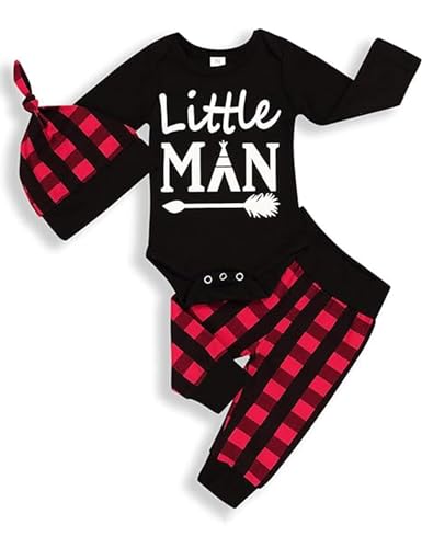 TUEMOS Newborn Infant Baby Boy Clothes Letter Print Romper Pants Set Hat 3PC Outfits Set
