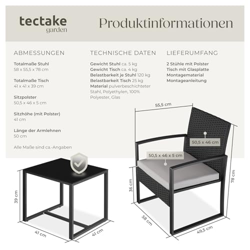 tectake® Rattan Sitzgruppe 2X Sessel mit Tisch, Balkon Möbel Set, Gartenmöbel, Balkonmöbel, Lounge klein, Stühle mit Polster inkl. Gartentisch Outdoor, wetterfest 6