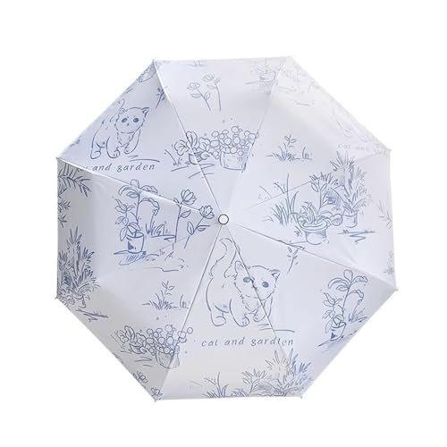 KUNYOS Parapluie compact et pliable for femme, motif chat mignon, automatique, léger et facile à transporter.(Blue)