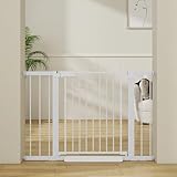 MOTASAN ベビーゲート 設置幅75～306cmからお選び 赤緑の安全標識付き 高さ76cm 頑丈なロック方式 ペットゲート ペットフェンス ドア付き 突っ張り 脱走防止 犬 ベビー 留守番 屋内用 スチール (高さ76cm持ち上げながら開けるホワイト, 設置幅166~173cm)
