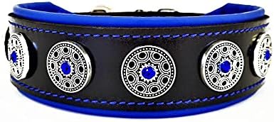 Bestia Bijou Leather Dog Collar - 2" Wide Soft Dog Collar with Orthopedic Cushion for Durability & Refined Comfort - Handmade Studded Black Leather with Blue Rhinestones for Strong Breeds