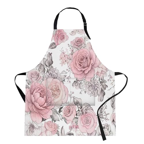Britimes Apron Home Kitchen Cooking Baking Gardening for Women Men with Pockets Pink Flowers Leaves Watercolor Floral 32x28 inch