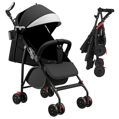 OHMG Reisebuggy flugzeug handgepäck,Kinderkraft Kinderwagen,Leichte Reise Buggy,Liegeposition, Kleine Maße nach Zusammenklappen,Vergrößerbares Verdeck,Für Geburt, bis 22 kg (A-Schwarz)