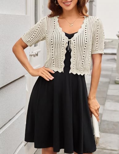 Image of Kate Kasin Women Crochet Shrug Knit Sweater, Short Sleeve Cropped Cardigan | Tie Front Tops Light Weight, Knit Cover Up Arm Bolero For Evening Dresses Dressy Casual, Ladies Eyelet Shawl Thin Formal