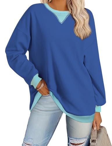 GKBK Women Sweatshirts Colorblock Hoodies Crewneck Long Sleeve Fall Pullover Tops Trendy Oversized Loose Fit Sweater Shirts Blue M