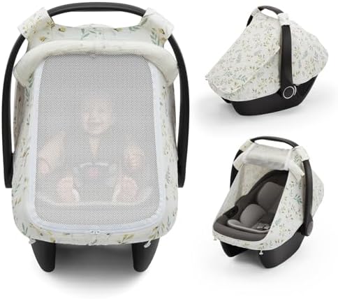 Blissful Diary Baby Car Seat Cover, Extra Large Mesh Window, Breathable Muslin Cotton, Infant Windproof Canopy, Must-Have Baby Gift - Botanical Leaf