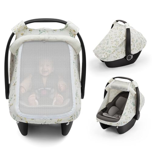 Image of Blissful Diary Baby Car Seat Cover, Extra Large Mesh Window, Breathable Muslin Cotton, Infant Windproof Canopy, Must-Have Baby Gift - Botanical Leaf