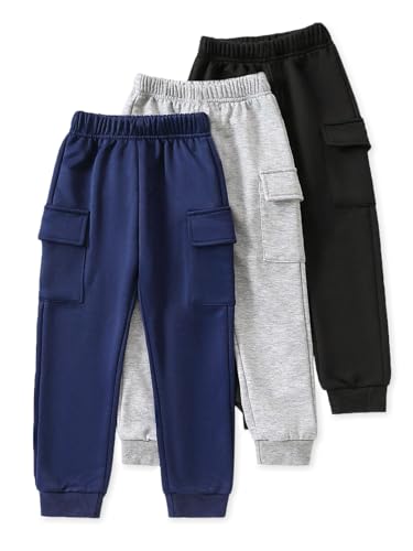 Image of Trampoline Kids Cotton Cargo Joggers Pack of 3 | Soft Knitted Pants for Boys & Girls | Solid Colors with Side & Cargo Pockets | Ribbed Cuffs & Drawstring Waistband | Everyday Bottoms