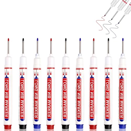 Image of 9PCS Deep Hole Marker Pens, Blue+Red+Black Paint Pen & Metal Marker Set for Woodworking, Waterproof & Multi-Purpose Marking Tool for Carpenters, Builders & Construction, Drill Hole & Hardware Marking