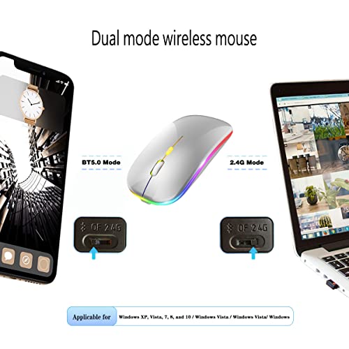 Image of WREANU Wireless Bluetooth Mouse, Rechargeable Laptop Mice, Silver | LED Lights, Dual Mode(BT5.2 & 2.4G Portable USB Receiver) Silent Slim Computer Mouse for Laptop /iPad /Tablet /Computer /Mac