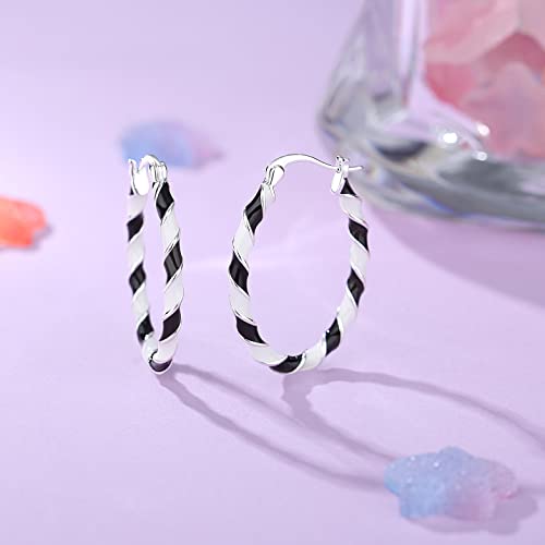MUYUU Enamel Hoop Earrings-Silver Plated Black and White Earrings for Women-Charming Oval Earring Hoops3