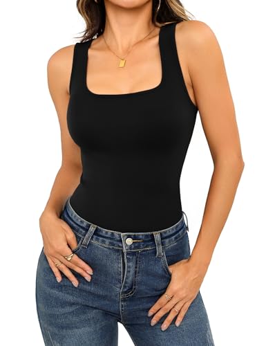 Image of Aottori Thermal Vests for Women UK Square Neck Sleeveless Tank Tops Ribbed Base Layer Underwear Ladies Winter Warm Fitted Basic Camisole Shirts Black L