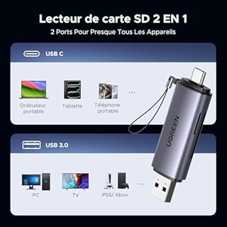 UGREEN Lecteur de Carte SD TF USB C et USB 3.0 2 en 1 Adaptateur de MicroSD en Aluminium 5Gbps Card Reader Compatible avec MacBook iPad Pro Air iPhone 17 Air Pro Max 16 Série Galaxy S25 S24 Ultra