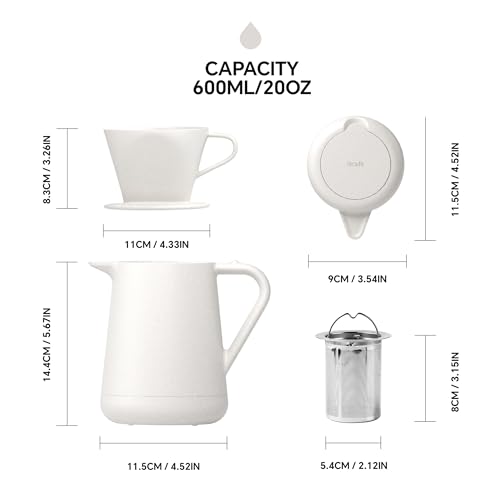 Ideus Insulated Pour Over Coffee Maker 20oz, Stainless Steel Coffee Pot Pour Over Set Camping Coffee Carafe BPA-Free with Dripper for Home, Office & Camping (White)