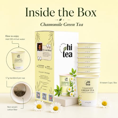 Image of HI TEA Chamomile Green Tea | Just Add Hot Water | Instant Green Tea Cups | 8 Cups /Box