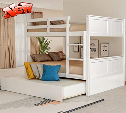 LONCQKAYS Latest Upgrade and Stronger Bunk Bed Full Over Full with Trundle, Thickened Safer Solid Wood Full Over Full Size Bunk Bed Frame Bunkbeds, Convertible Design (Faster Assembly) (White)