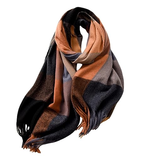 spirgear Schal Damen Winter Kariert Winterschal Weicher Warmer Damenschal Mit Quasten 190 x 68 cm, Schwarz Kamelfarben