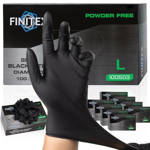Image of FINITEX Industrial Diamond Texture Nitrile Black Glove - 100 /1000PCS Chemical Resistant 8mil Mechanic Disposable Gloves