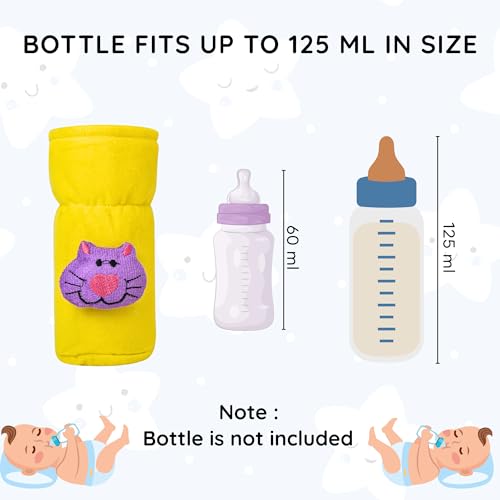 Image of Soft Plush Stretchable Baby Feeding Bottle Cover Easy to Hold Strap with Cute Animated Cartoon| Suitable for 60-125 Ml Feeding Bottle (Yellow-Light Blue)
