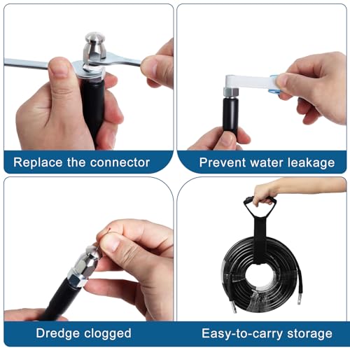 Zejoot 150FT Sewer Jetter Kit for Pressure Washer, 5800PSI Drain Cleaner Hose 1/4 Inch NPT Corner with 4 Sewer Jetting Nozzles，Waterproof Tape，Pearl Corsage Pin，Handle Strap & 2 Spanners (Black)