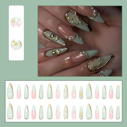 Long Stiletto Press on Nails - French Green & Gold Designs