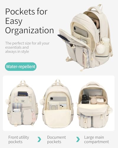 Image of School Backpack for Teen Girls, Big Student Laptop Backpack Aesthetic Bookbags for College Women Elementary Middle High School Travel Mochilas Escolares, Beige