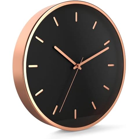 Driini Modern Rose Gold Analog Wall Clock (12 Inch) - Aluminum Frame and Hands - Minimalist Tick Marks on Black Face - Contemporary Decor for Office, Living Room, Kitchen, or Bathroom Cover