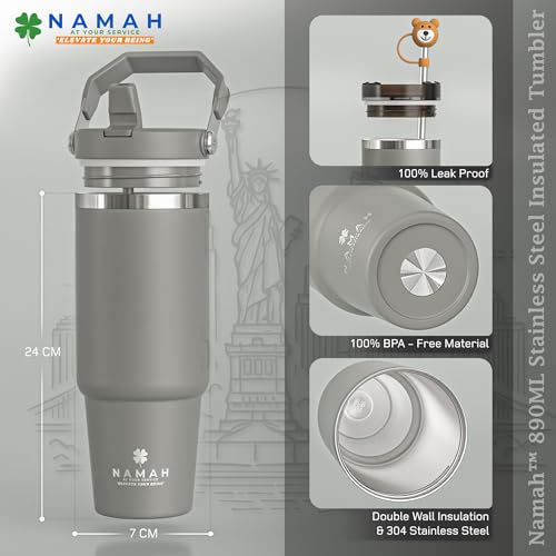 Image of Namah 890 ML Insulated Tumbler with Straw, Lid and Top Handle 890 ml & Leak Proof Stainless Steel Vacuum Sipper Bottle Hot & Cold Water Tumbler for Office Gym Travel Car Cup Holder Friendly
