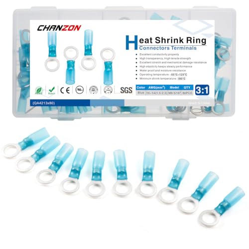 Chanzon 80pcs M8 Heat Shrink Ring Terminal 5/16"UL Recognized 22-16AWG Blue