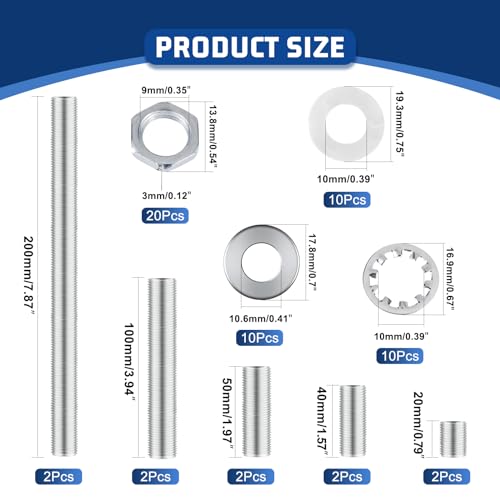 Image of Lamp Repair Hardware Kit-5 Size Thread Lamp Pipe Nipples,20 Lock Nuts,3 Type of Washers,Total 60 Pieces Lamp Repair Hardware Assortment Pack,Perfect for Assembly Lamp and Lamp DIY (Silver)
