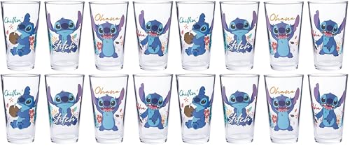 Image of Silver Buffalo Lilo and Stitch Tropical Chillin Ohana 4-Pack. Pint Glass Set, 16-Ounces (Pack of 4)