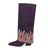 Kluolandi Women's Chunky Heel Western Knee High Boots with Rhinestone Flame Pattern Bling Fold Over