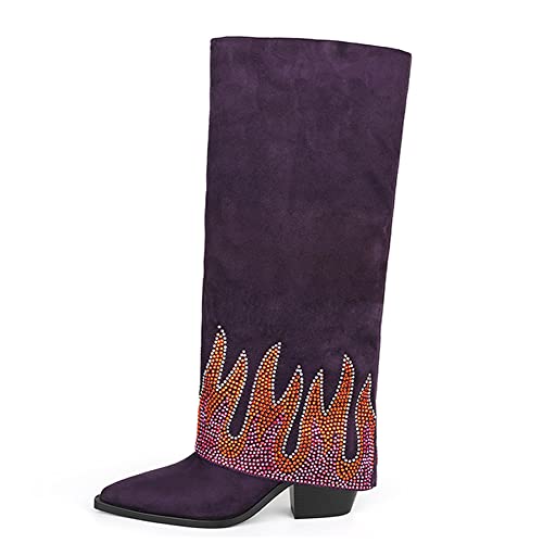 Kluolandi Women's Chunky Heel Western Knee High Boots With Rhinestone Flame Pattern Bling Fold Over Cowboy Boots For Women Purple #TOP8