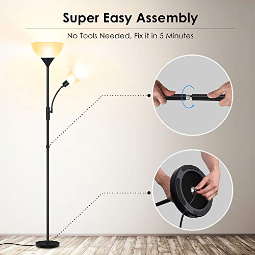 Boostarea Floor Lamp, Standing Lamp, 9W Led Torchiere Floor Lamp With 4W Adjustable Reading Lamp, 3000K Energy-Saving Led Bulbs, 3 Way Switch, 50,000Hrs Lifespan, Floor Lamps For Living Room, Office #TOP6