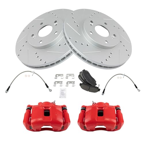 Image of TRQ Performance Front Brake Pad and Rotor Set Ceramic Slotted Drilled Coated Calipers Compatible with 2004-2008 Acura TL 2004-2008 TSX 2003-2007 Honda Accord
