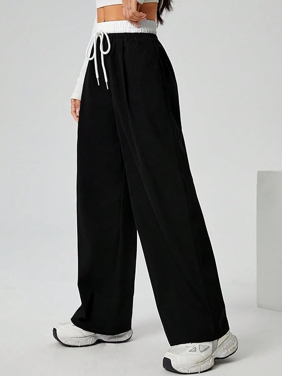 Image of You Forever Women's Wide Leg Casual Pants, High Waist Cotton Blend, Drawstring, Light Colour, Relaxed Fit
