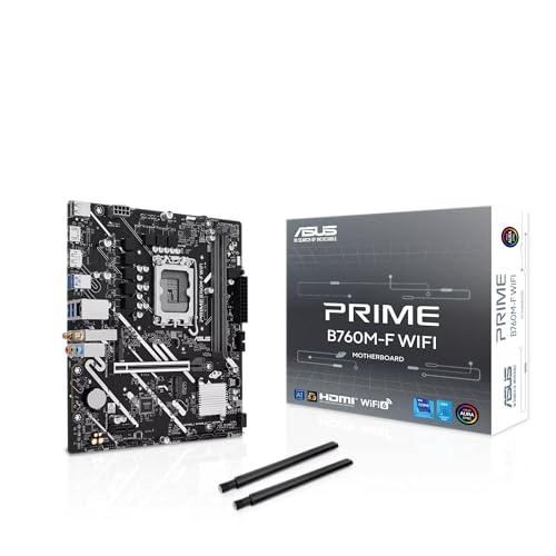 Image of ASUS Prime B760M-F WiFi, an Intel B760 LGA 1700 Micro-ATX Motherboard with PCIe 5.0, Two PCIe 4.0 M.2 Slots, DDR5, WiFi 6, DisplayPort, HDMI, SATA 6 Gbps, Front USB 5Gbps Ports, Aura Sync
