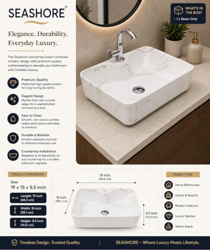 Image of Premium White Ceramic Table Top Wash Basin, Modern Countertop Vanity Sink for Bathroom, Hotel & Residential Washrooms, 19 x 14 x 5 Inch