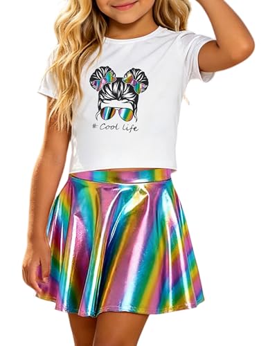 Image of Betusline Girls 2 Piece Outfits Short Sleeve Crop Top and Metallic Skater Skirt Set for Kids Dance Party Tennis, 4-14Y