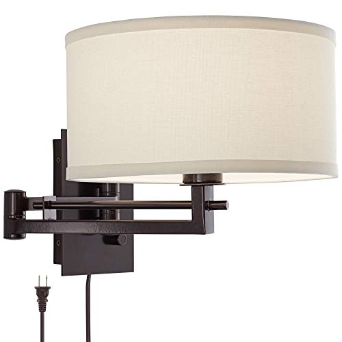 Possini Euro Design Aluno Modern Swing Arm Wall Lamp With Cord Bronze Plug-In Light Fixture Dimmable Ivory Cotton Blend Drum Shade For Bedroom Bedside House Reading Living Room Home Hallway Dining #TOP1