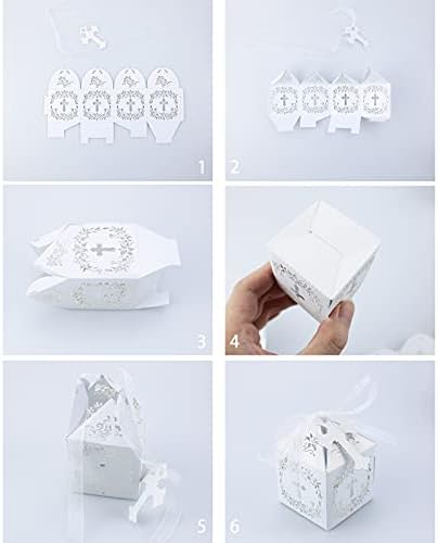 Baptism Favor Boxes,QMET 50Pcs Cross Favor Boxes 2 x 2 x 3 Inches Laser Cut Hollow Cross with 50 Ribbons and 50 Cross Tags, Great for Christian Baby Shower Wedding Party Decorations - White