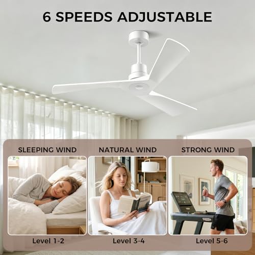 Image of Obabala Ceiling Fan 52 Inch with Remote, Solid Wood Blades DC Motor 5000 CFM Quiet 35dB, Reversible 6 Speed Modern Farmhouse for Bedroom Living Room Indoor Outdoor, No Light with Downrod