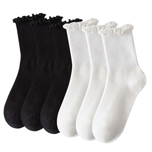 SKHAOVS 6 Pares Calcetines Tobilleros para Mujer Calcetines con Volantes Calcetines Cómodos Sin Marcas Calcetines Plisados Bonitos Casuales de Color Sólido para Mujeres Niñas (6 Pares)