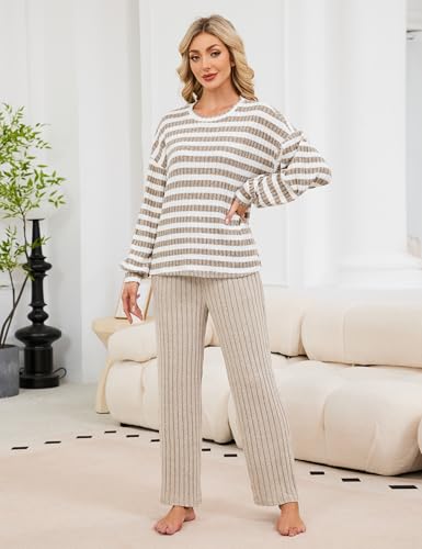 Image of Blooming Jelly Women Ribbed Long Sleeve Pajama Sets Fall Loungewear Pockets