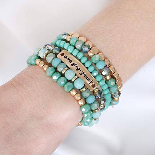 Inspirational Multi Layer Bead Stacking Strand Stretch Statement Bracelets - Religious Message Sparkly Crystal, Boho Wood Slip-On Cuff Bible Christian Prayer Bangle Set (6-Layer Message Bracelet - Amazing Grace Turquoise) #TOP1