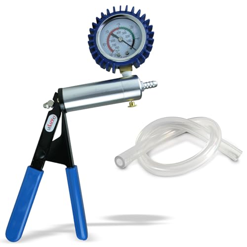 LeLuv Ultima Blue Vacuum Pump - Aluminum Alloy Silver Handle Manual Hand Vacuum (0-30 Hg, 0-760 mmHg), Gauge Installed with Protective Rubber Cover, Rubber Padded Grips with Clear Hose