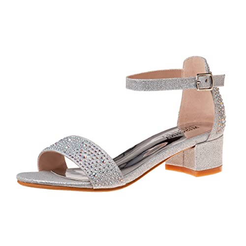 Badgley Mischka Girls Dress Shoes - Sandy Rhinestone Open Toe Dress Pump Sandals with Ankle Strap Heels for Kids (Rose Gold, Silver, Black) (Little Kid/Big Kid)