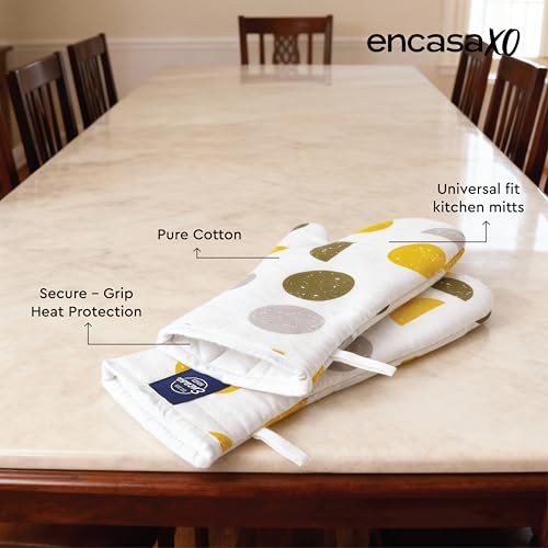 Image of Encasa XO Extra Long 18x35 cm Microwave Oven Gloves Mitts (2 pcs) for Kitchen Cooking - Yellow Moon - Heat Resistant, Thick & Safe, Protection of Hands from Hot Utensils, Gas Flame, Grill, Barbecue