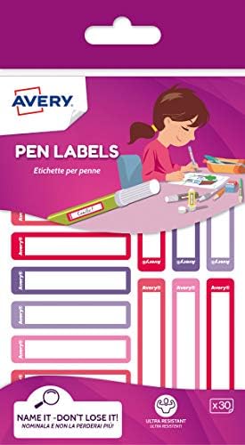 Avery Stationery Labels, Pen Labels, Name Labels, Stick on School Labels 50 x 10 mm, 30 Labels Per Pack, Pink/Purple